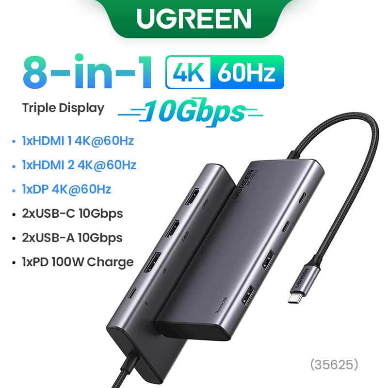 UGREEN 35625 8-in-1 USB-C Dual HDMI + DP 4K@60Hz Docking Station