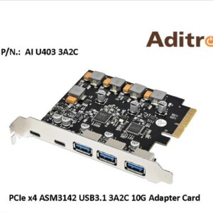 Aditron AI U403 3A2C PCIe x4 USB 3.1 Gen2 10Gbps adapter card with 3 USB-A and 2 USB-C ports
