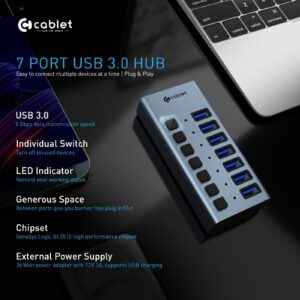 Cablet 7-Port USB 3.0 Hub with Individual Switches & 36W Power Adapter
