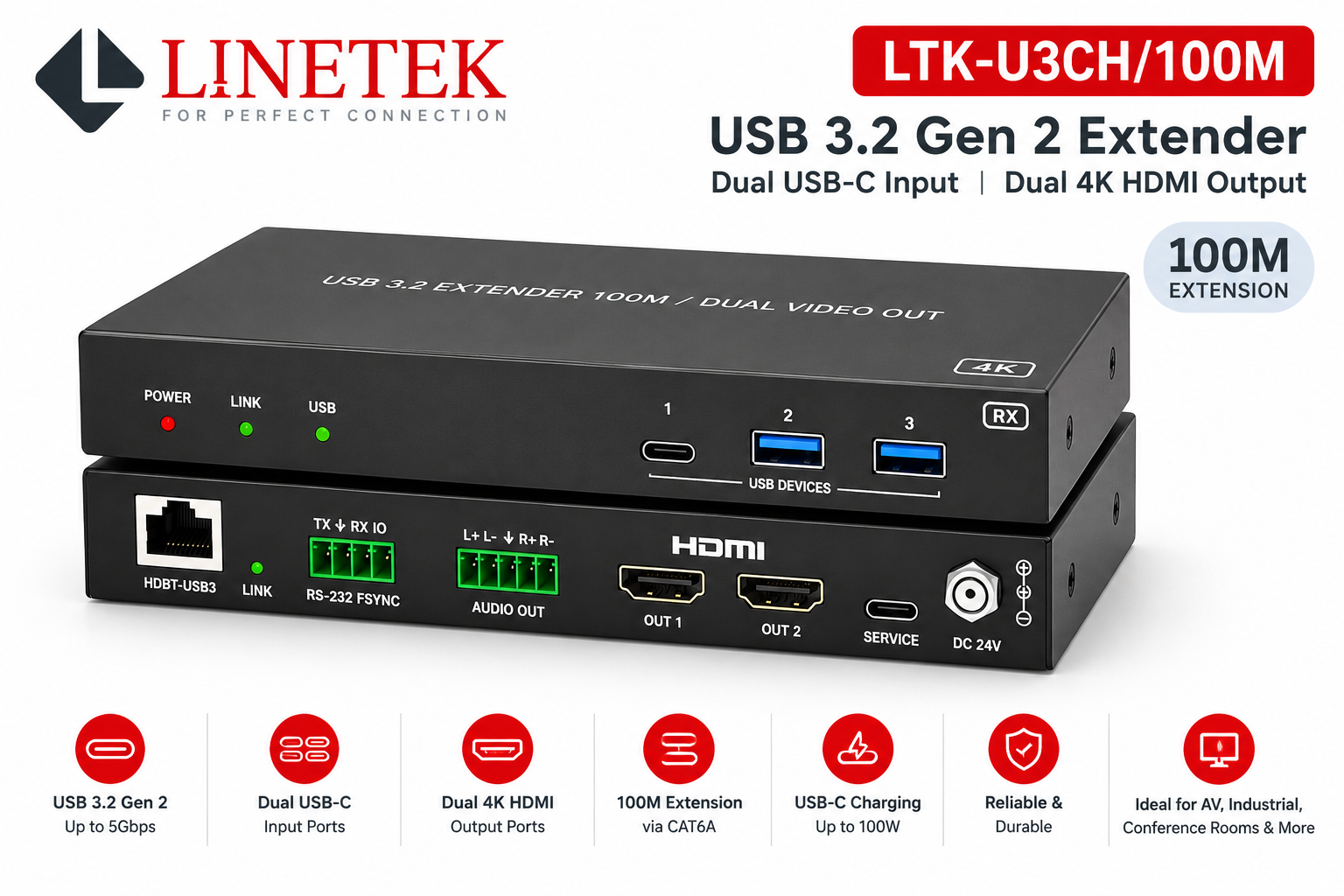 Linetek LTK-U3CH/100M USB 3.2 Gen 1 Extender 100m with Dual USB-C Inputs and Dual 4K HDMI Outputs